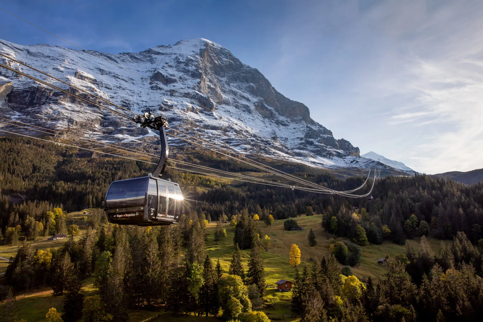 La télécabine Eiger Express flotte au-dessus d’un paysage forestier, avec des rochers enneigés en arrière-plan.