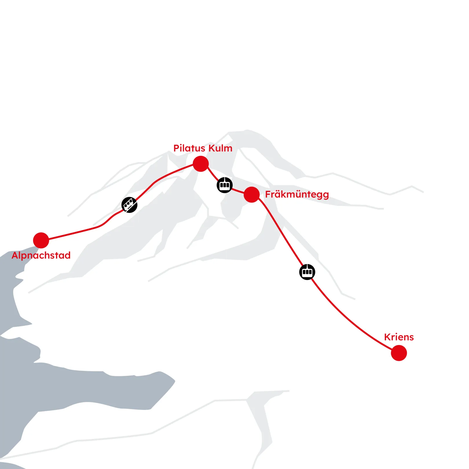The red Pilatus cogwheel railway runs through a green landscape, with cliffs and mountain panorama in the background.